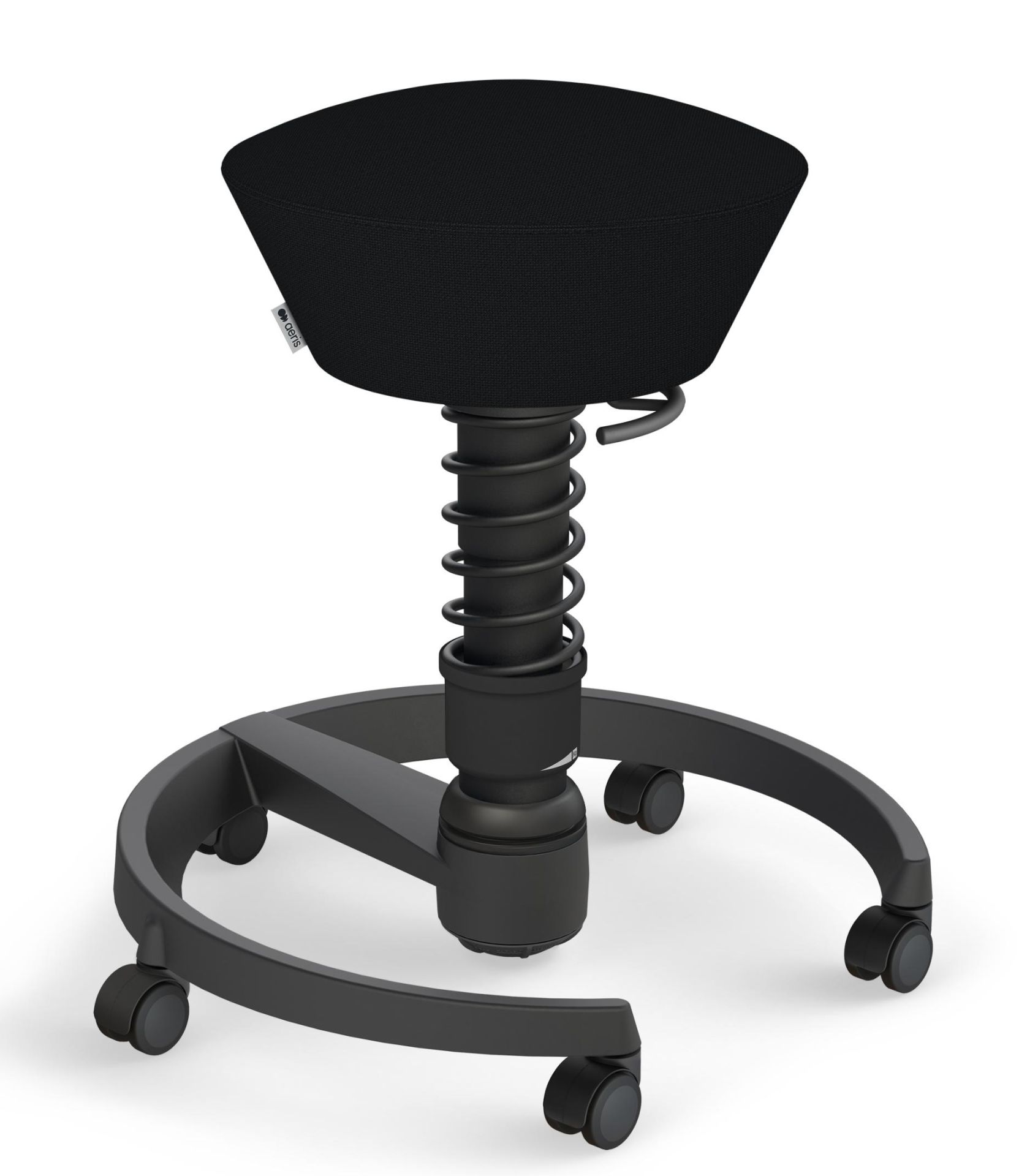 Schwarzer Swopper Hocker von Aeris mit Rollen. Ergonomischer Bürohocker für aktives Sitzen.