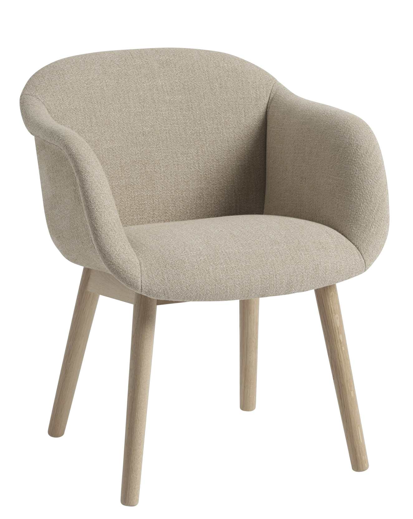 Beiger Fiber Armchair von Muuto mit Armlehnen und Holzbeinen, moderner skandinavischer Stuhl.