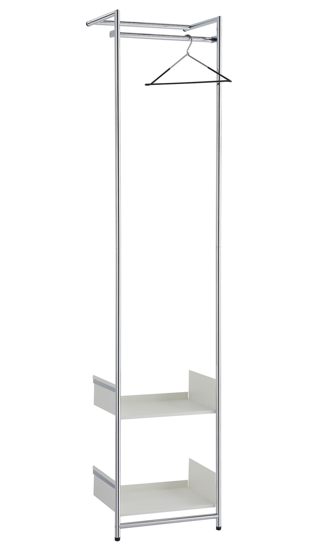 Comba S Anlehngarderobe von Mox mit Chromgestell und weißen Ablageflächen, inklusive Kleiderbügel.
