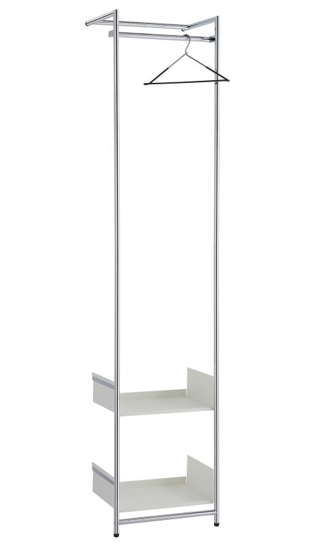 Comba S Anlehngarderobe von Mox mit Chromgestell und weißen Ablageflächen, inklusive Kleiderbügel.