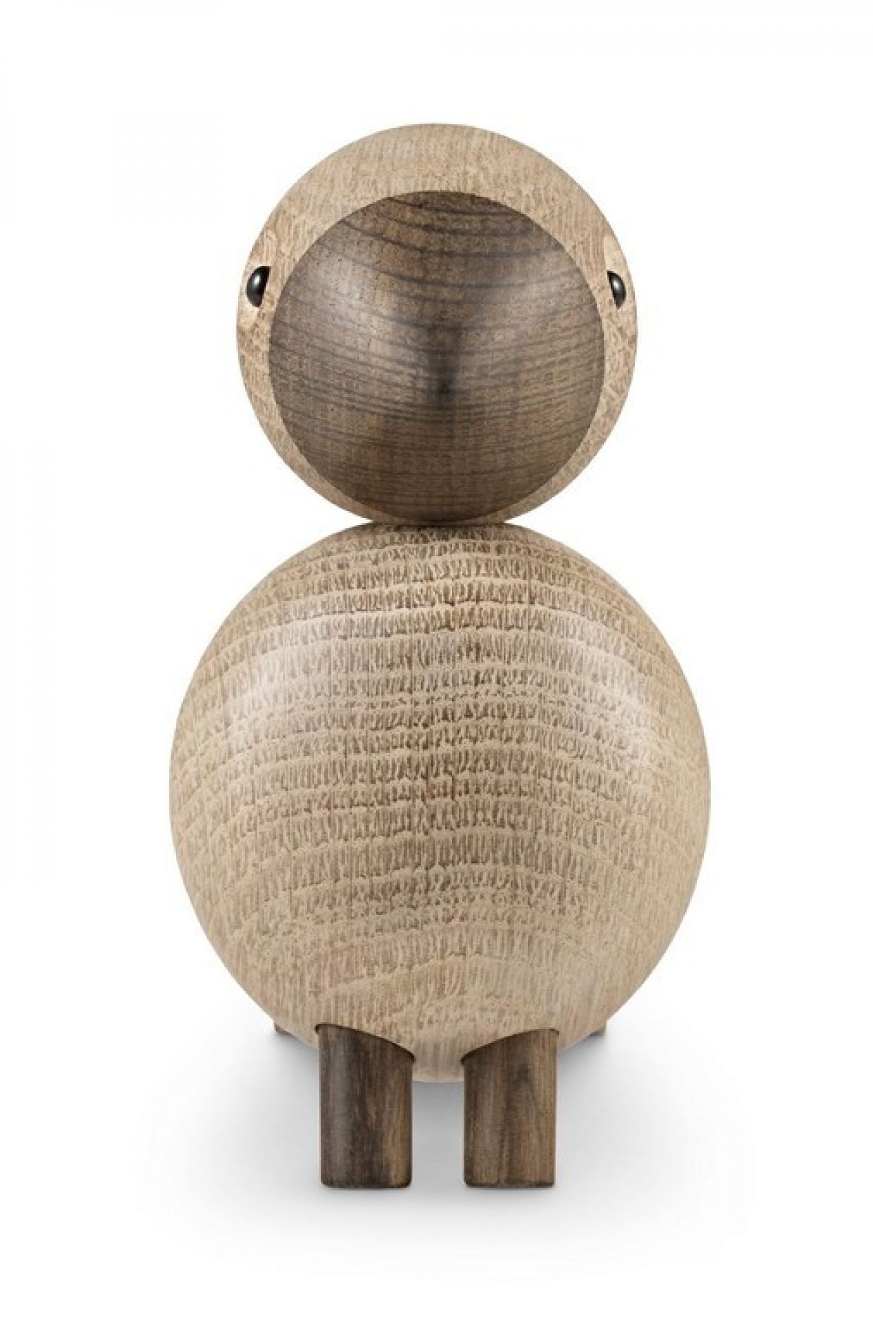 Holzfigur Alfred Vogel, ein dekoratives Designobjekt aus hellem Holz, mit dunklem Kopf und Füßen.