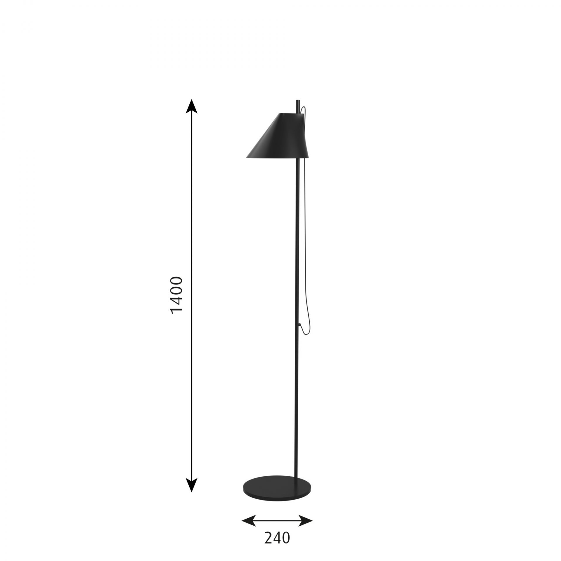Schwarze Yuh LED Stehleuchte von Louis Poulsen mit Maßen, minimalistisches Design für Wohnzimmer und Büro.
