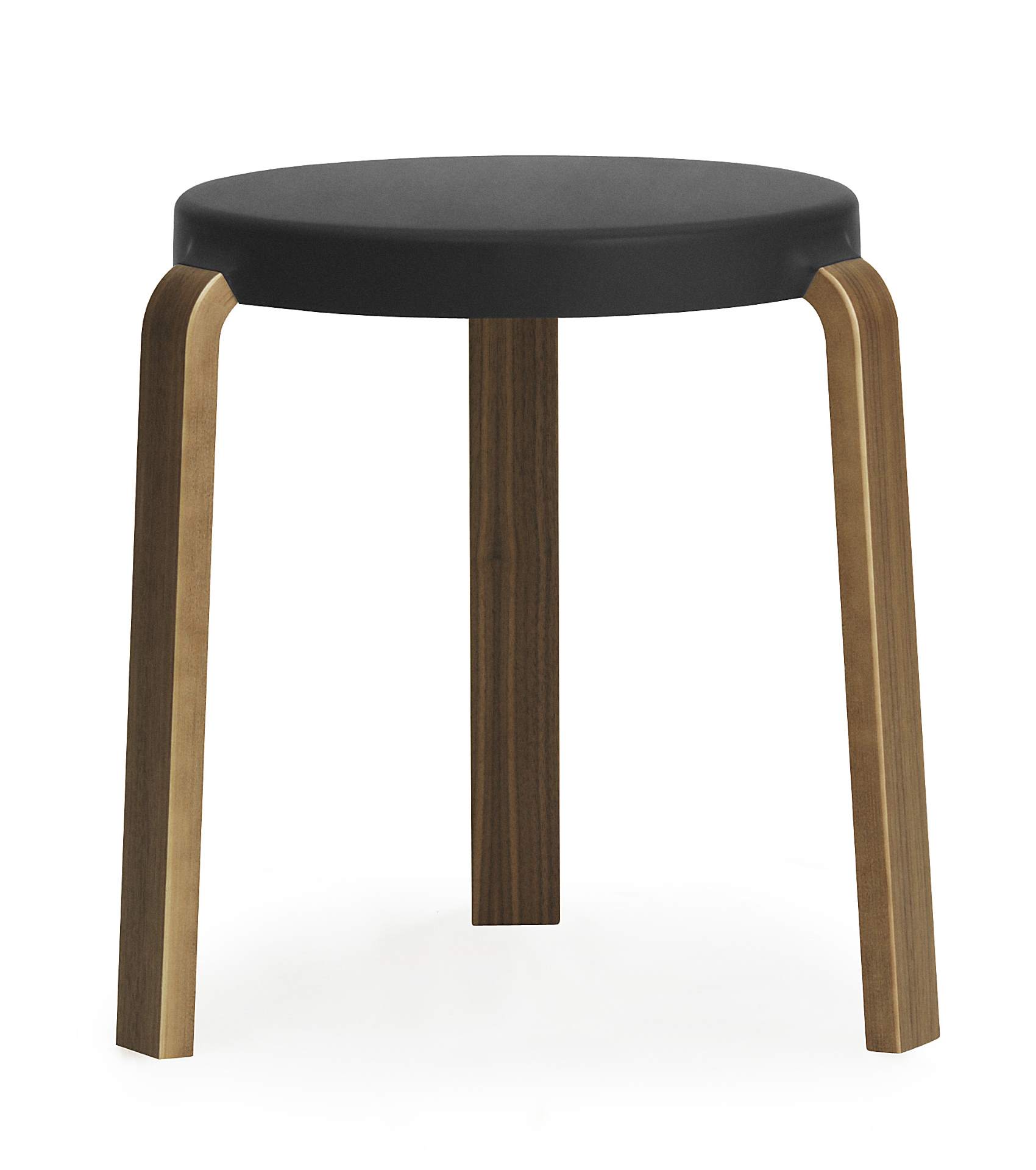 Tap Hocker von Normann Copenhagen mit schwarzer Sitzfläche und Beinen aus hellem und dunklem Holz.