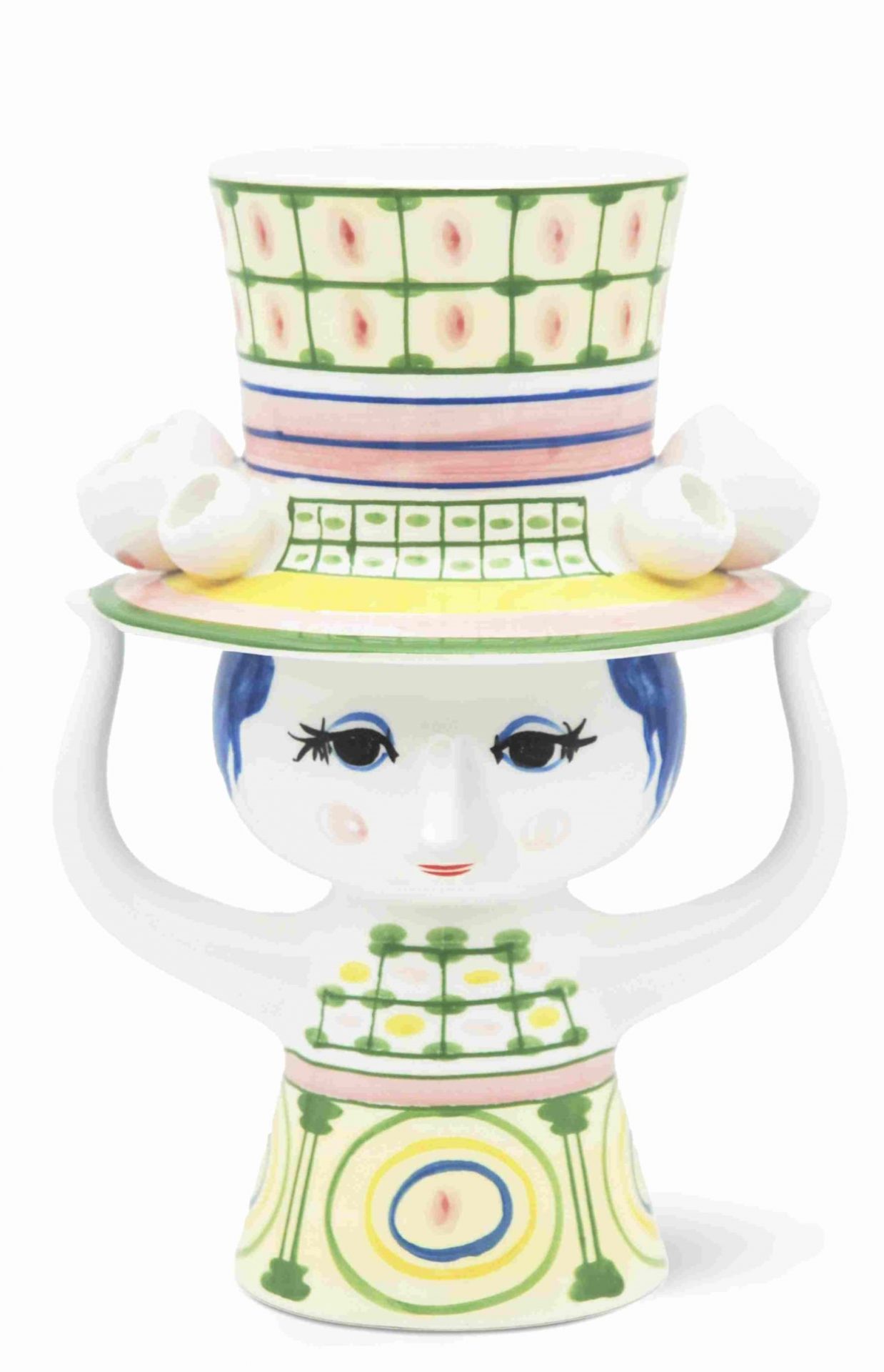 Keramikvase "Lady with Hat" von Bjorn Wiinblad, dekorative Blumenvase mit Hut und verspieltem Design.