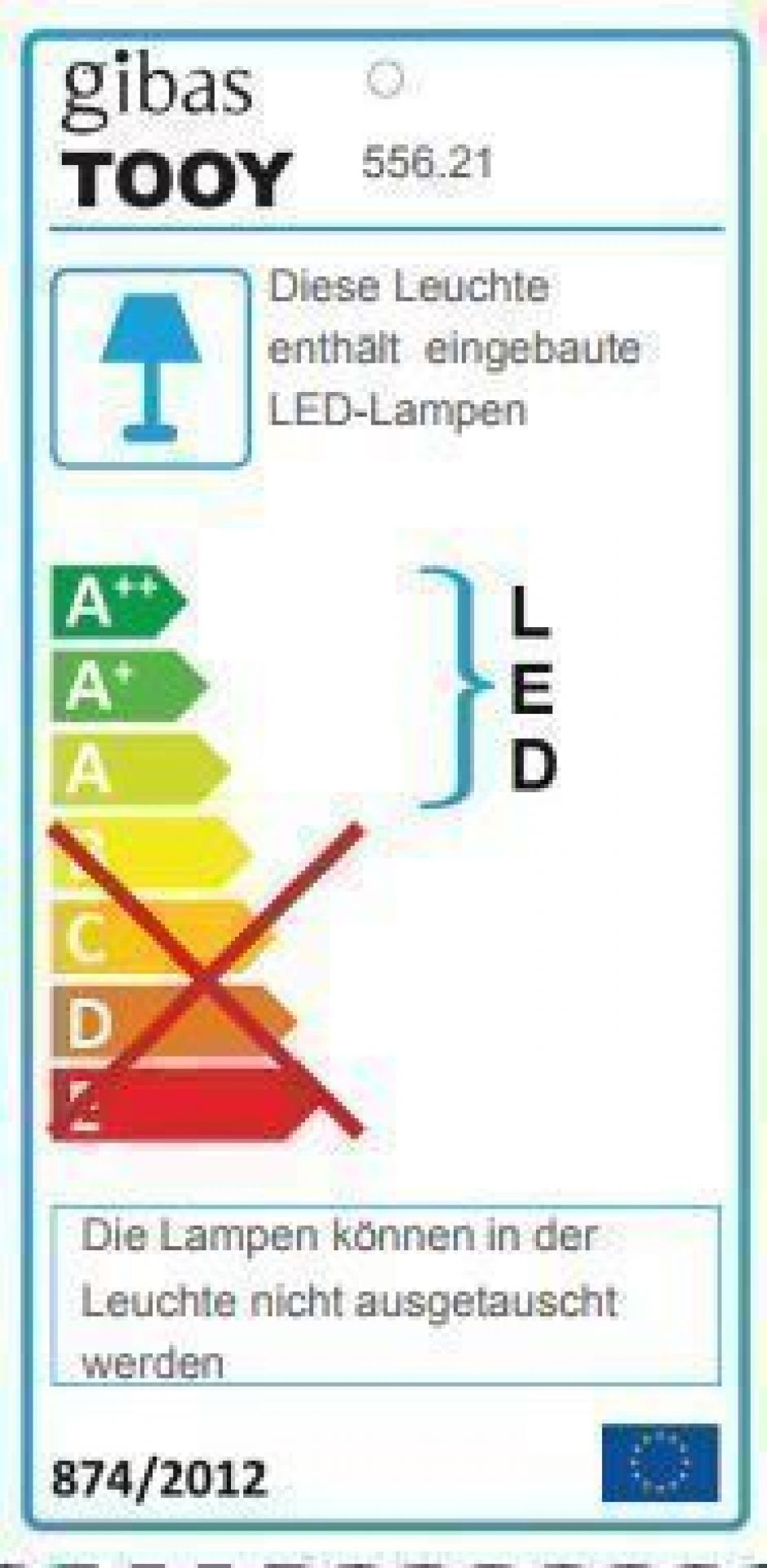 Energielabel der Tooy Molly Pendelleuchte 556.21 mit LED-Lampen, Energieeffizienzklasse A bis A++.