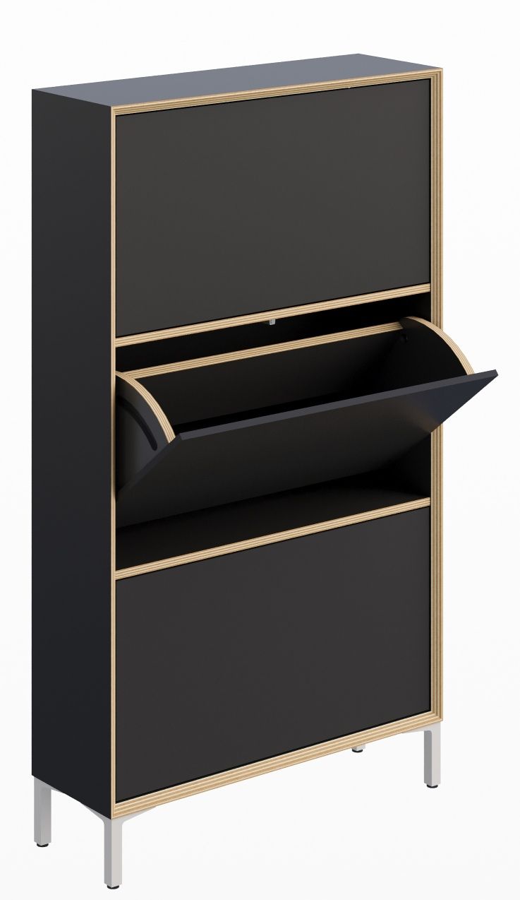 Vertiko Schuhschrank von Müller Möbelwerkstätten in Schwarz mit Kippfächern und geöffneter Klappe für Schuhe.