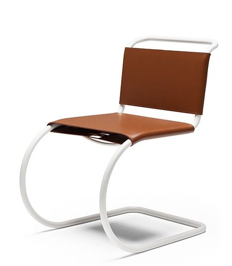 MR Freischwinger Stuhl von Knoll International mit braunem Leder und weißem Stahlrohrgestell.