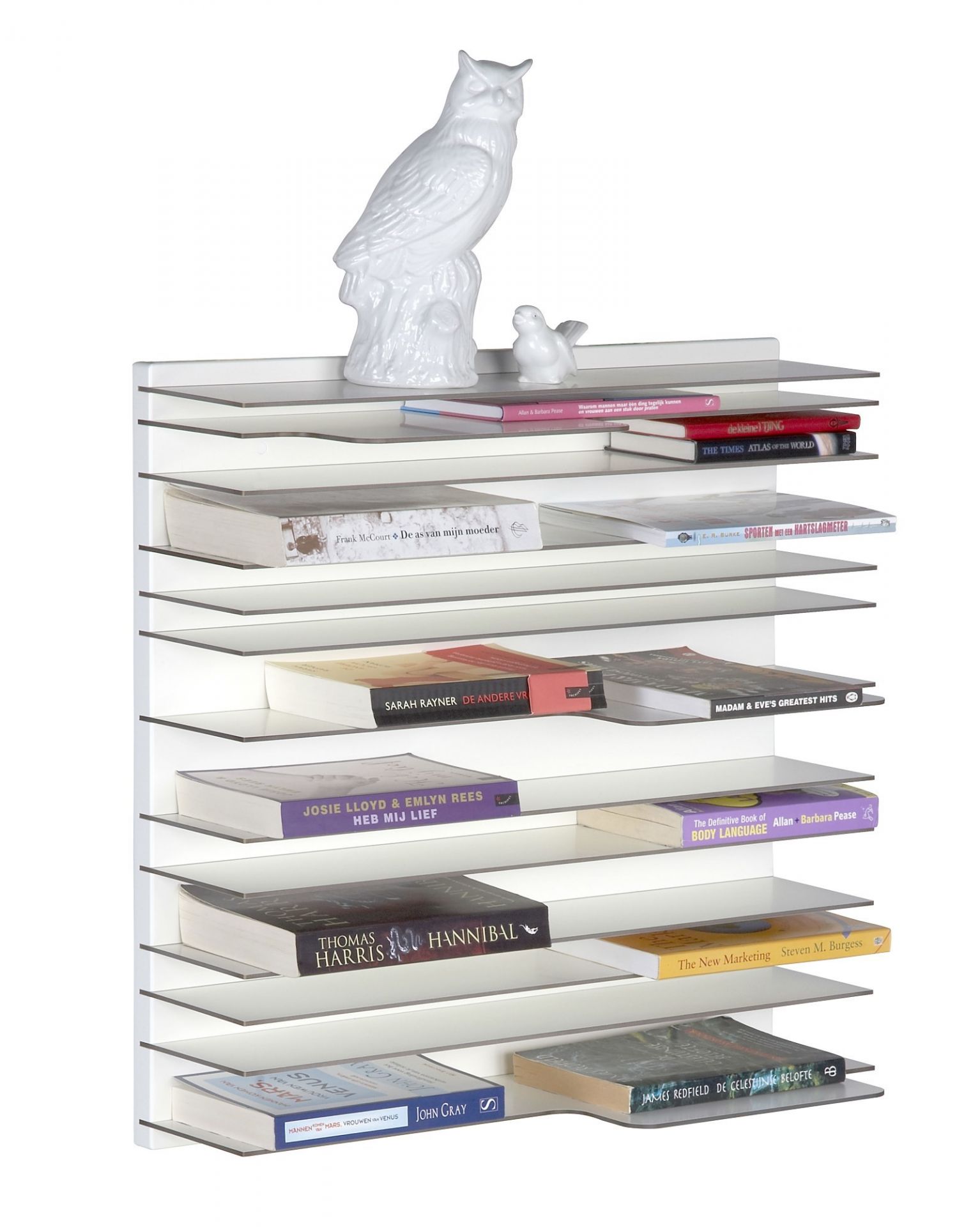 Anthrazitfarbenes Bücherregal mit mehreren Regalböden, gefüllt mit Büchern und dekorativen Figuren. Paperback Bücherregal für Wohnzimmer und Büro.