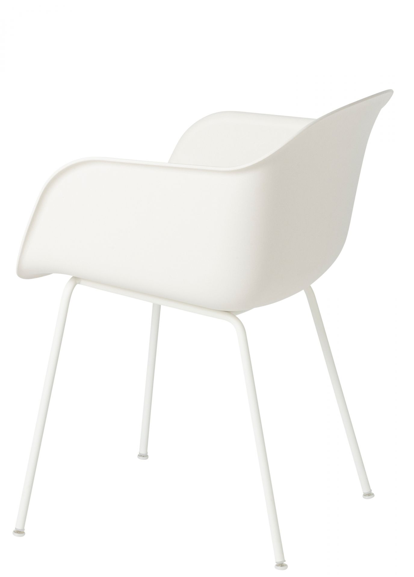 Muuto Fiber Armchair mit Tube Base, weißer Design Stuhl mit Armlehne und Stahlrohrgestell.
