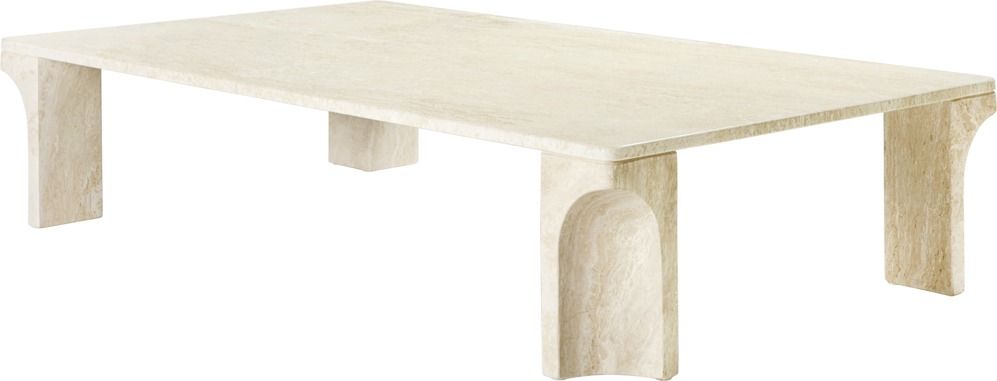 Rechteckiger Couchtisch aus Travertin, Gubi Doric Stil, mit markanten, bogenförmigen Beinen.