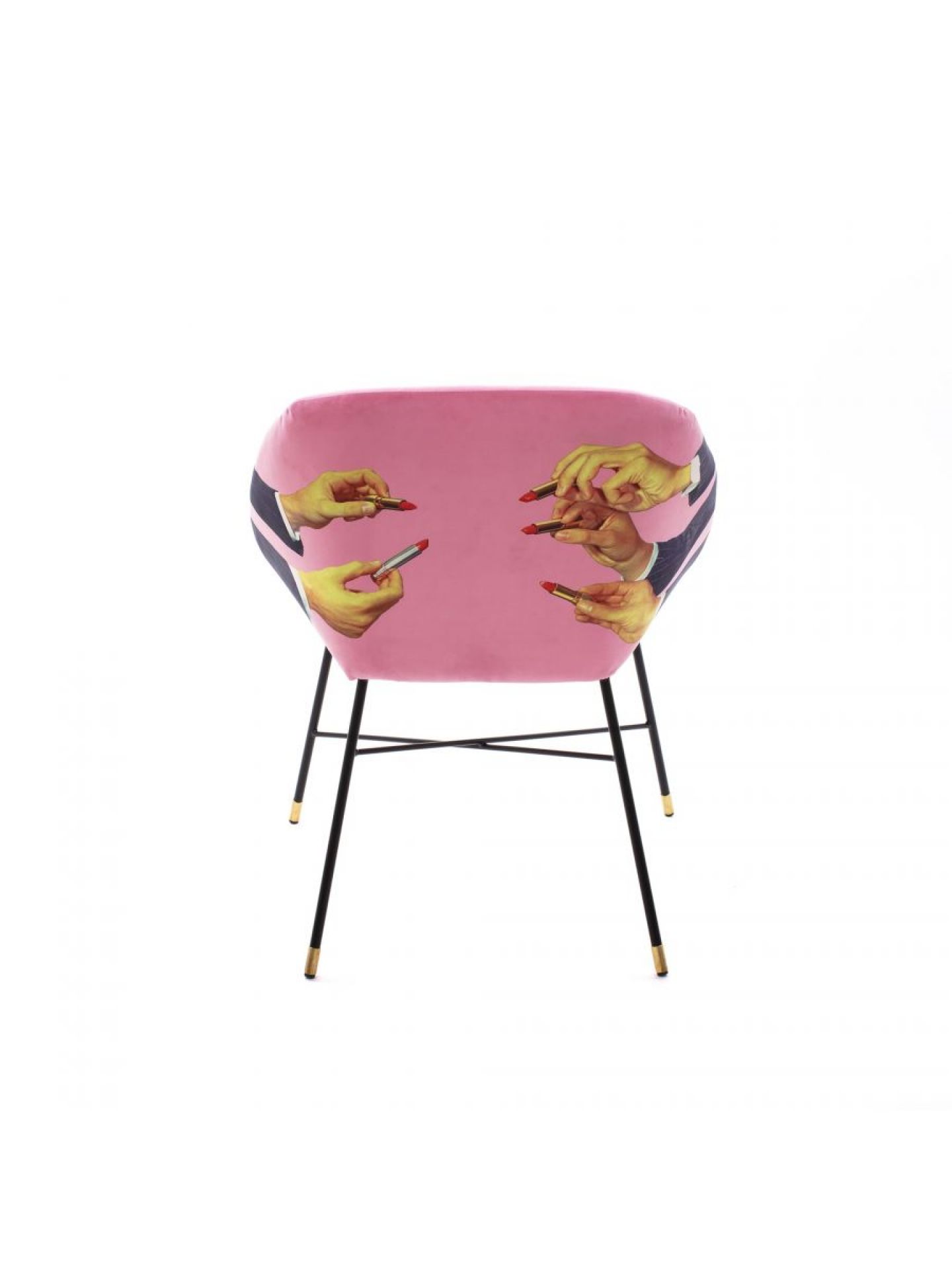 Toiletpaper Polsterstuhl von Seletti mit pinkem Samtbezug und Lippenstift-Motiv, Ansicht von hinten.