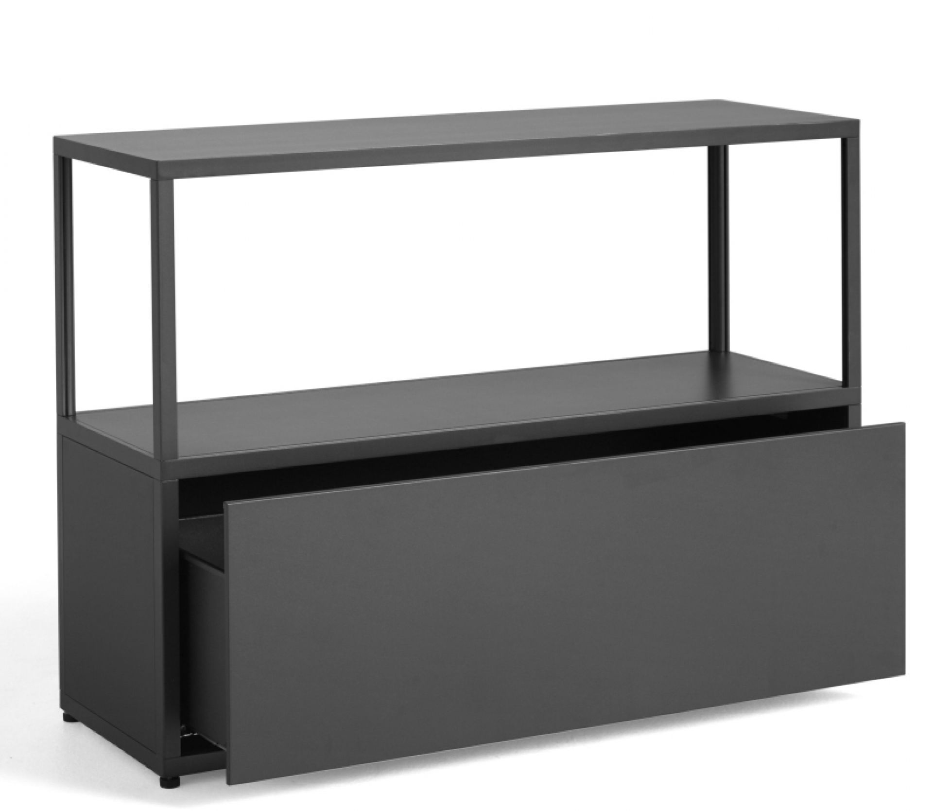 Graues New Order Sideboard von Hay mit offener Schublade und Regal. Modernes Design.