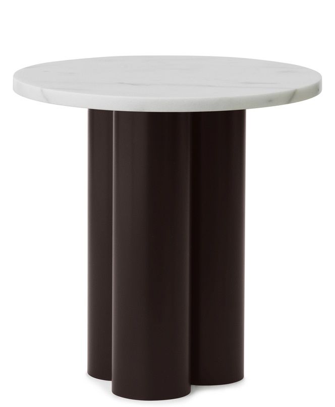 Dit Coffee Table von Normann Copenhagen, runder Beistelltisch mit Marmorplatte und dunkelbraunem, zylinderförmigem Fuß.