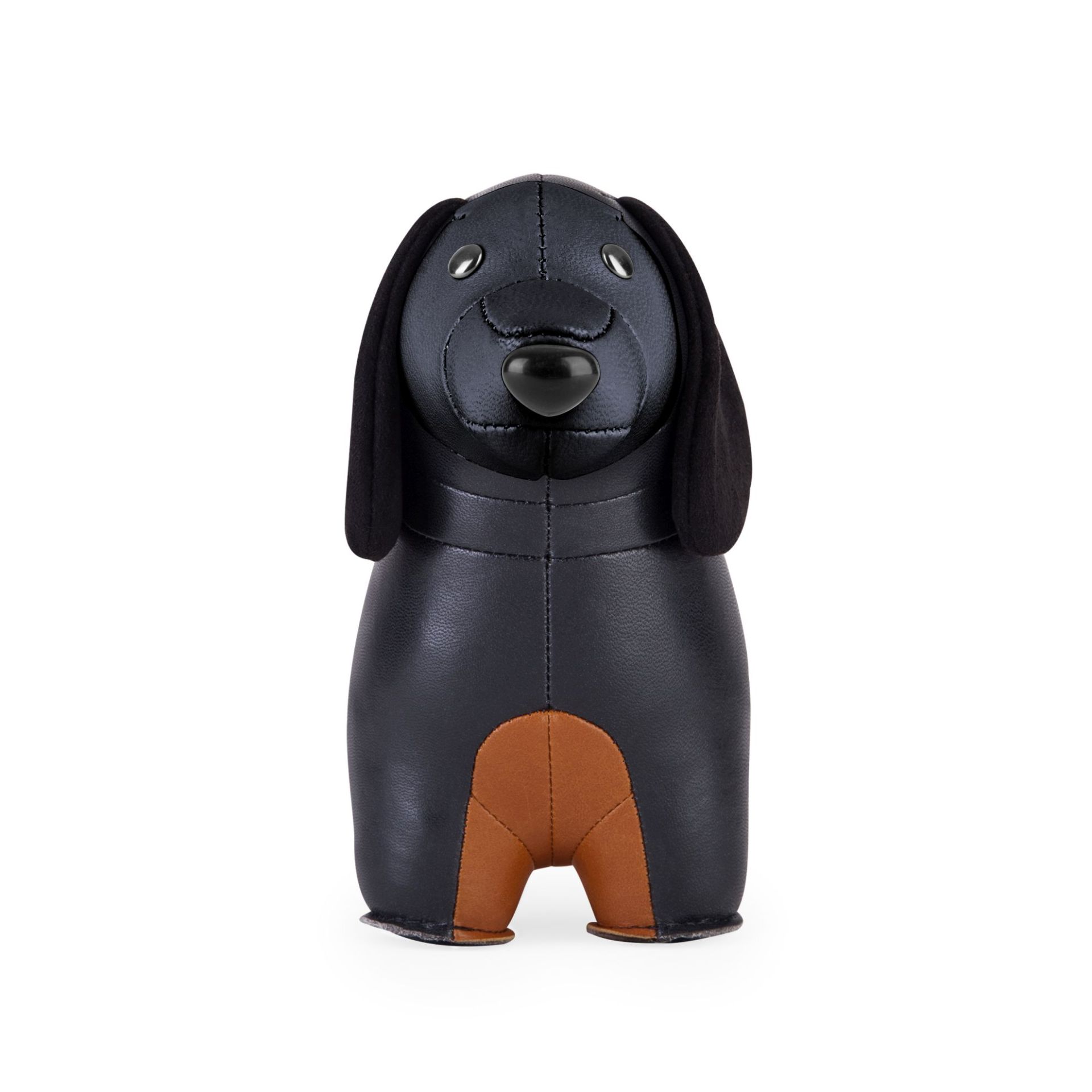 Briefbeschwerer Dackel von Zuny, aus schwarzem Kunstleder mit braunen Akzenten, dekoratives Accessoire für Büro und Zuhause.