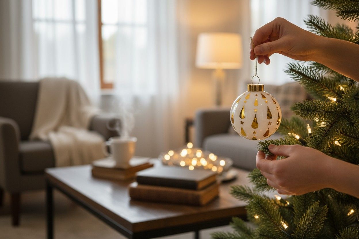 Frau hängt Alessi Weihnachtskugel mit goldenen Tropfen an Weihnachtsbaum, festliche Dekoration.