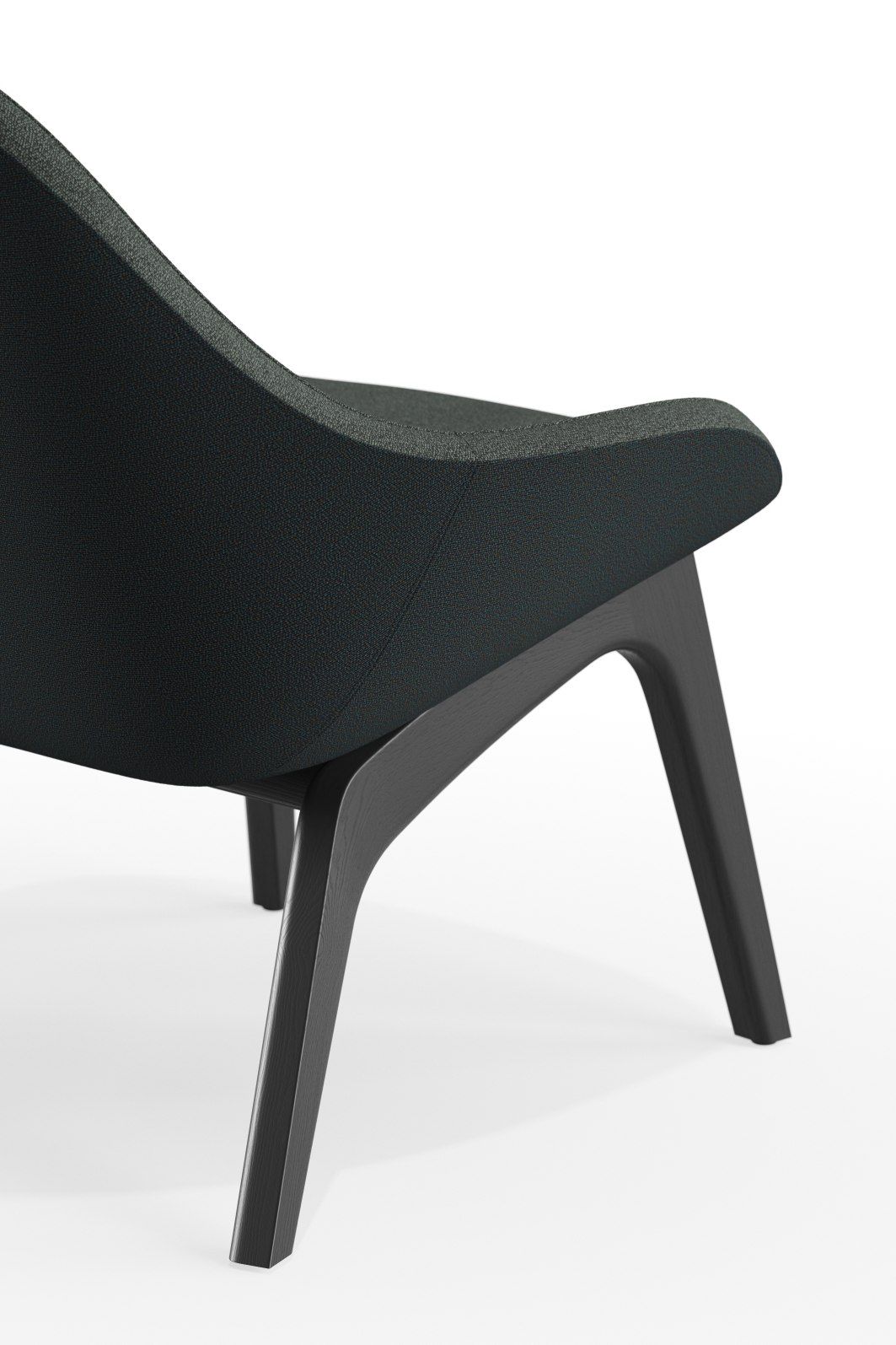 Detailaufnahme des Morph Lounge Chairs: Moderner Sessel mit dunklem Stoffbezug und Holzbeinen auf weißem Hintergrund.