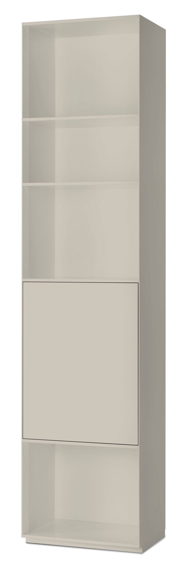 Piure Nex Pur Regal mit Tür und Fachboden in sanftem Grau, modernes Wohnzimmermöbel.