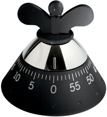 Schwarzer Alessi Küchenwecker/Küchenuhr mit Drehknopf und Zeitanzeige für präzises Kochen und Backen.