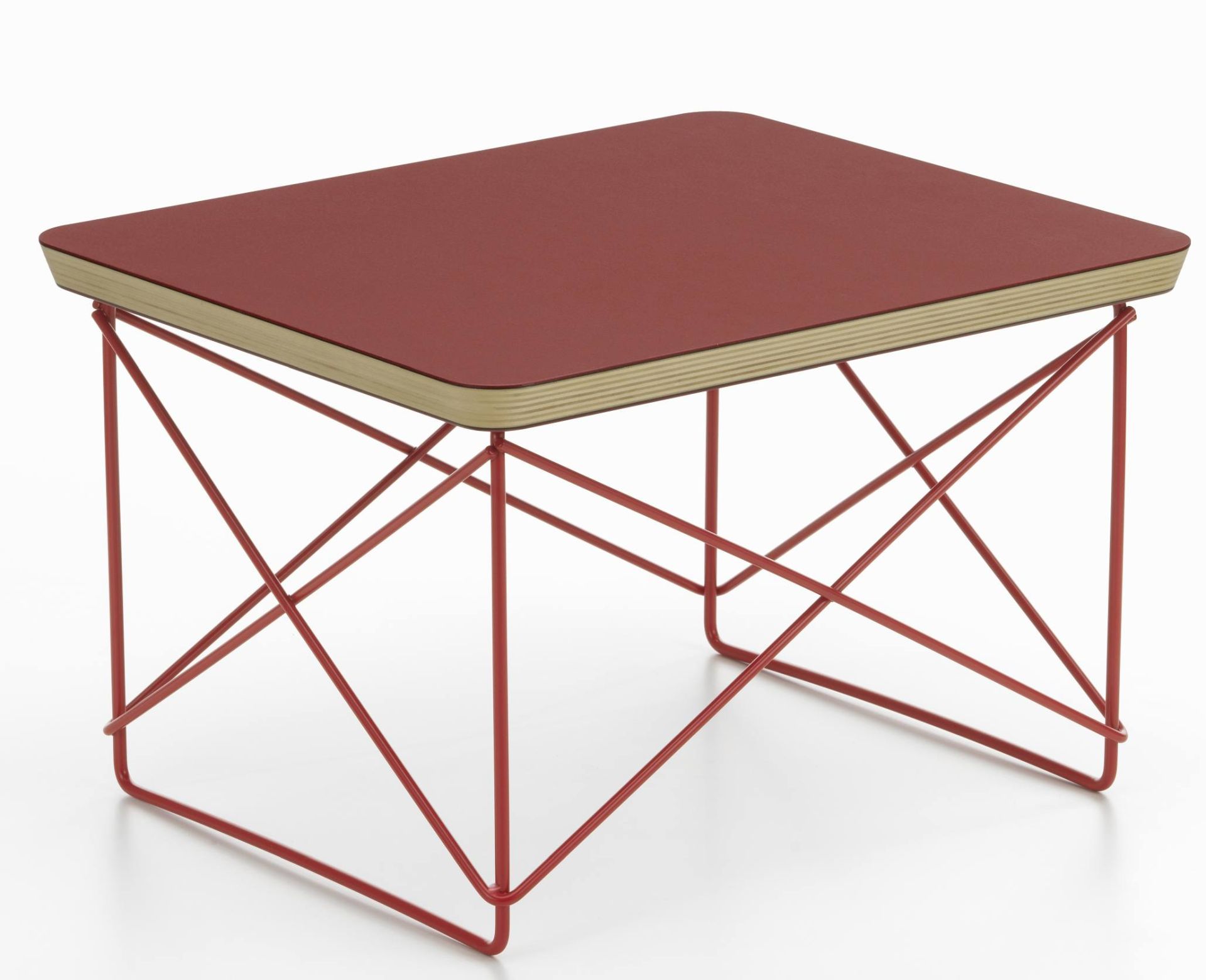 Vitra LTR Beistelltisch mit Linoleum Tischplatte in Ziegelrot und rotem Drahtgestell.