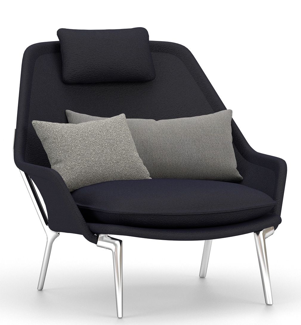 Vitra Slow Chair Sessel mit dunkelblauem Stoffbezug, Kopfstütze, Kissen und silbernen Beinen.