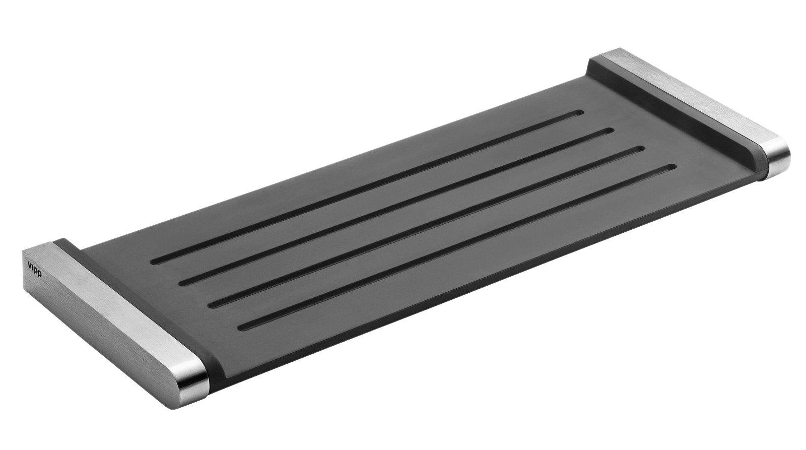 Graue Vipp Badablage aus Edelstahl und Gummi mit schlichtem, modernem Design für Badezimmer.