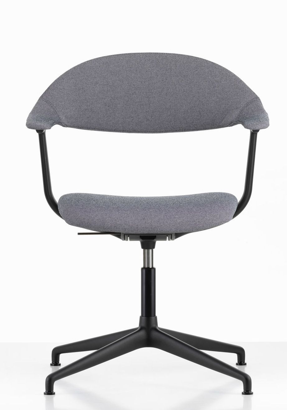 Grauer Mynt Bürodrehstuhl von Vitra mit Rückenlehne und Sitz aus Kunststoff, schwarzem Fußkreuz.