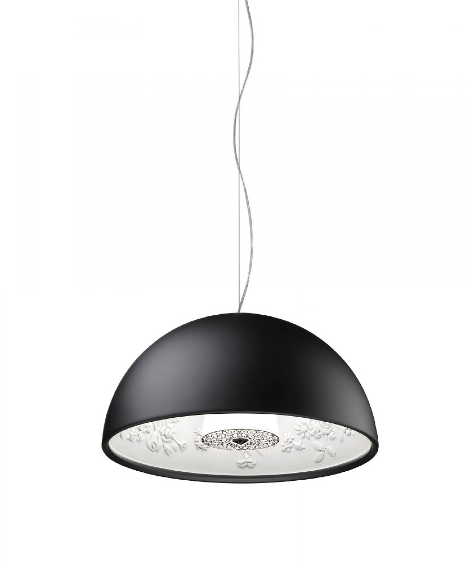 Schwarze Skygarden Pendelleuchte von Flos mit floralem Dekor an der Innenseite. Hängelampe für Wohnzimmer.