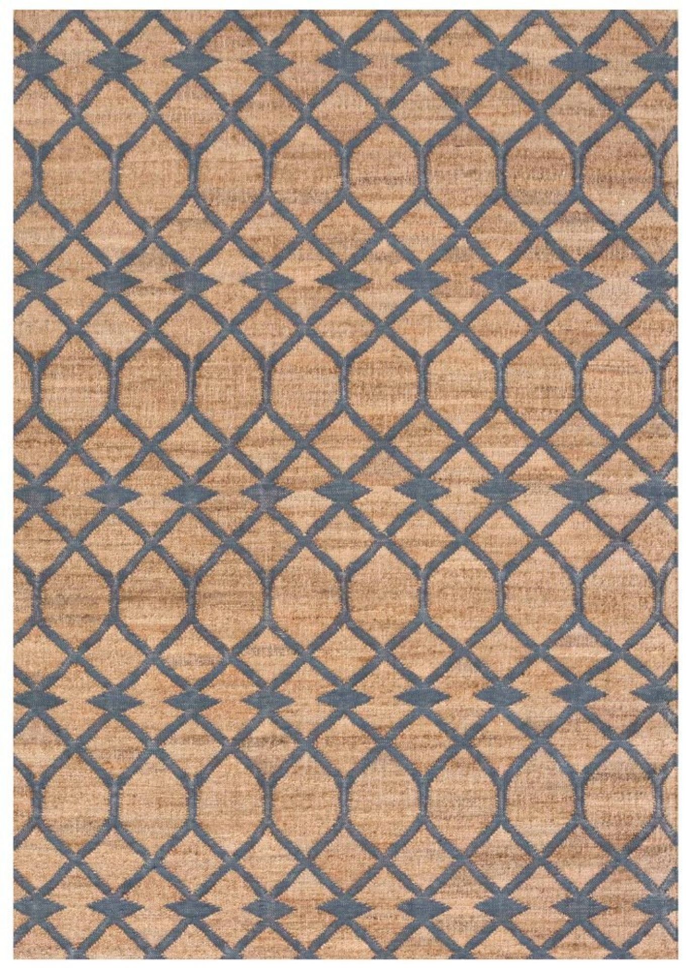 Kilim Teppich mit geometrischem Muster in Beige und Blau, ideal für Wohnzimmer und Schlafzimmer.