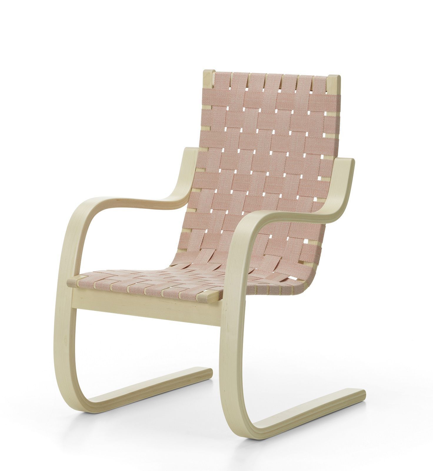 Armchair 406 Sessel Artek mit hellem Holzrahmen und rosa Textilbespannung, modernes Design.