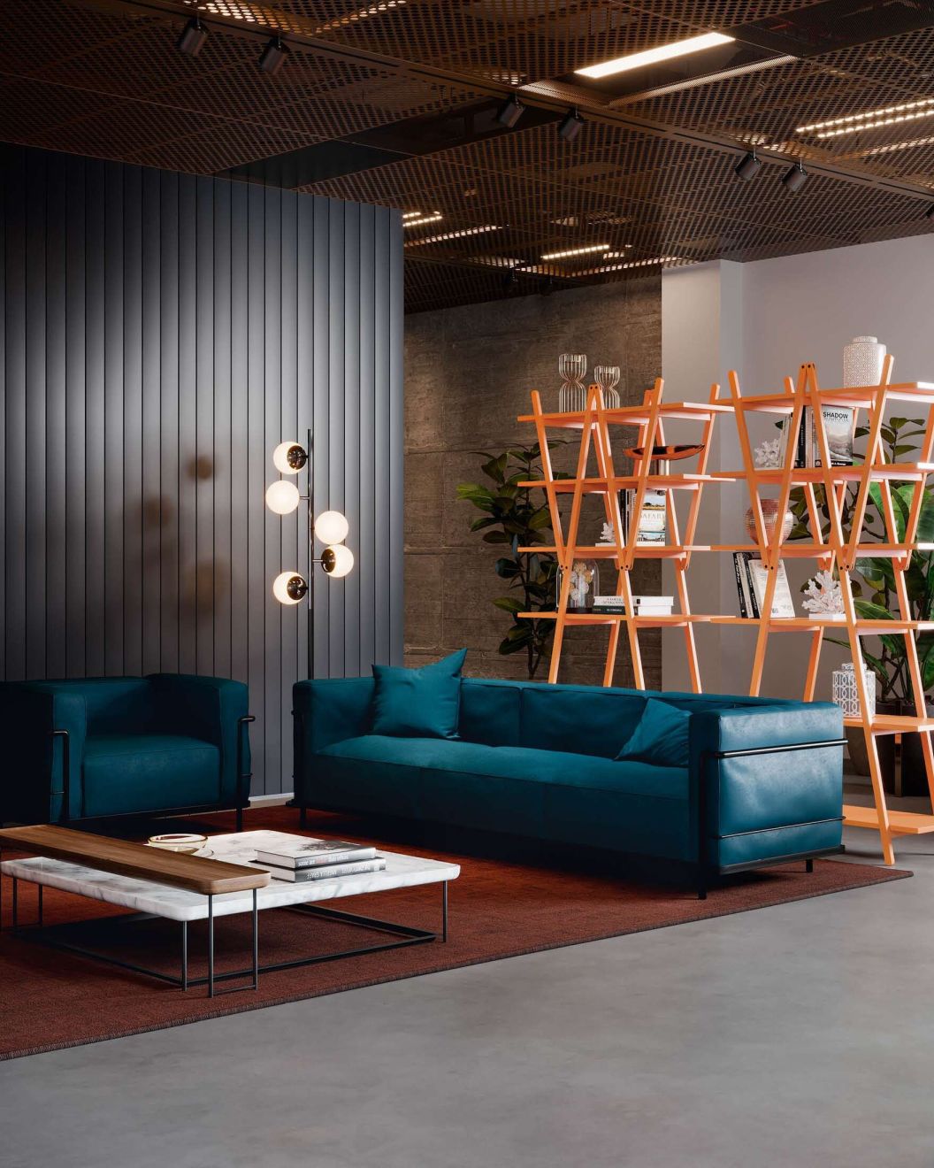 Blauer Cassina Sessel und Sofa Grand Confort im modernen Wohnzimmer mit Teppich.