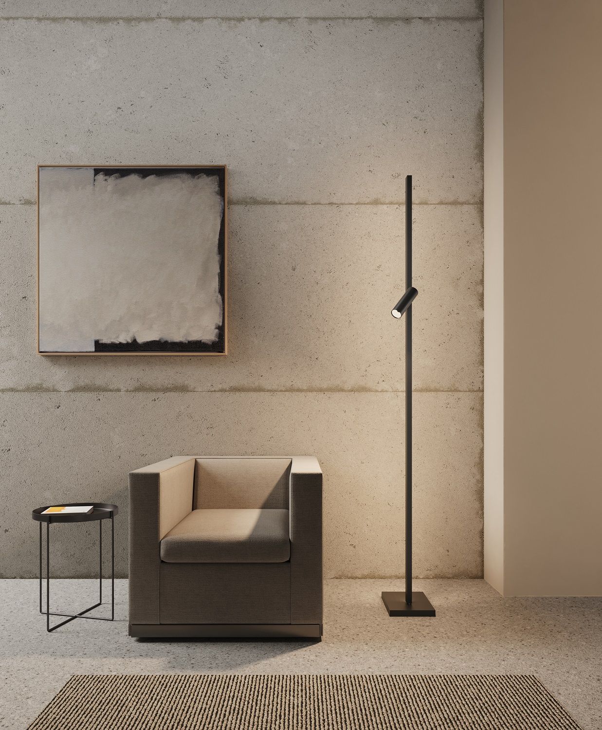 Zen X Floor Lamp Stehleuchte in modernem Wohnzimmerambiente mit Sessel, Tisch und Kunstwerk.