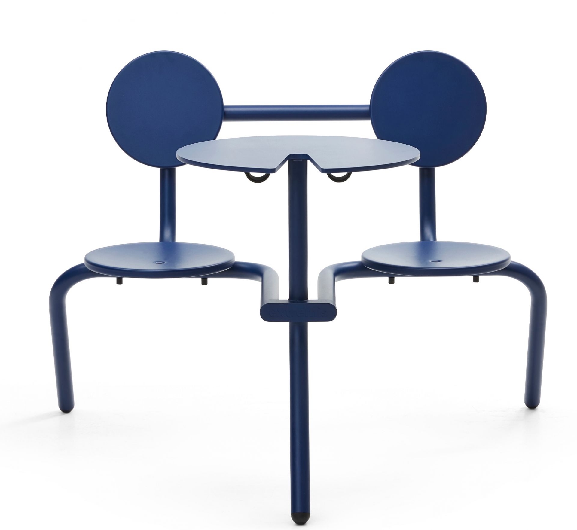 Blauer Bistroo Stuhl mit integriertem Tisch von Extremis, modernes Outdoor Möbel für zwei Personen.