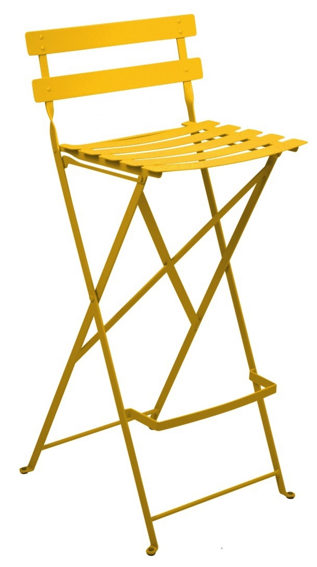 Gelber Bistro Barhocker von Fermob, klappbar, für den Außenbereich. Metall, Sitzfläche mit Latten.
