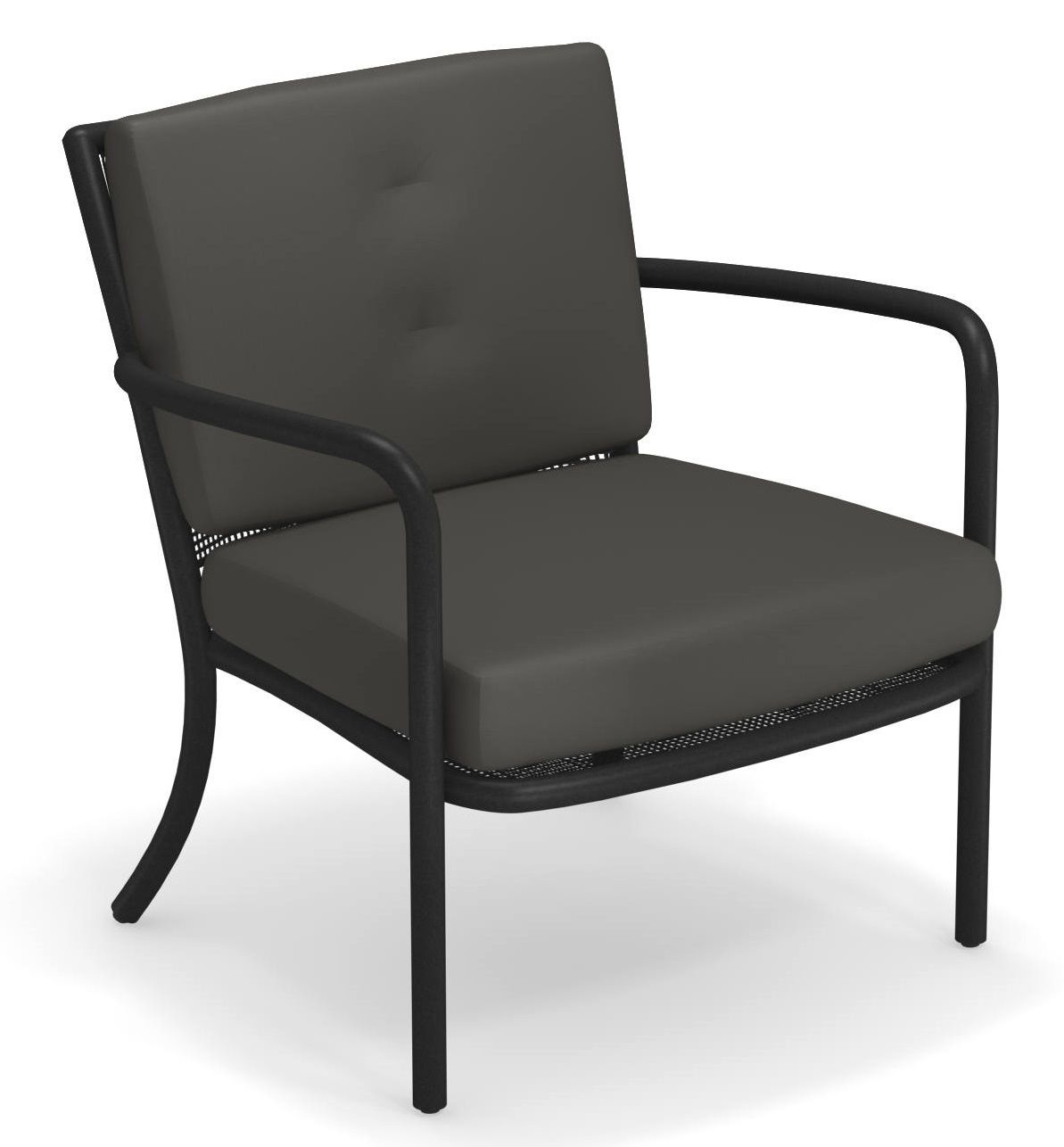 Athena Lounge Chair Sessel Outdoor Emu mit anthrazitfarbenen Polstern und schwarzem Metallgestell.