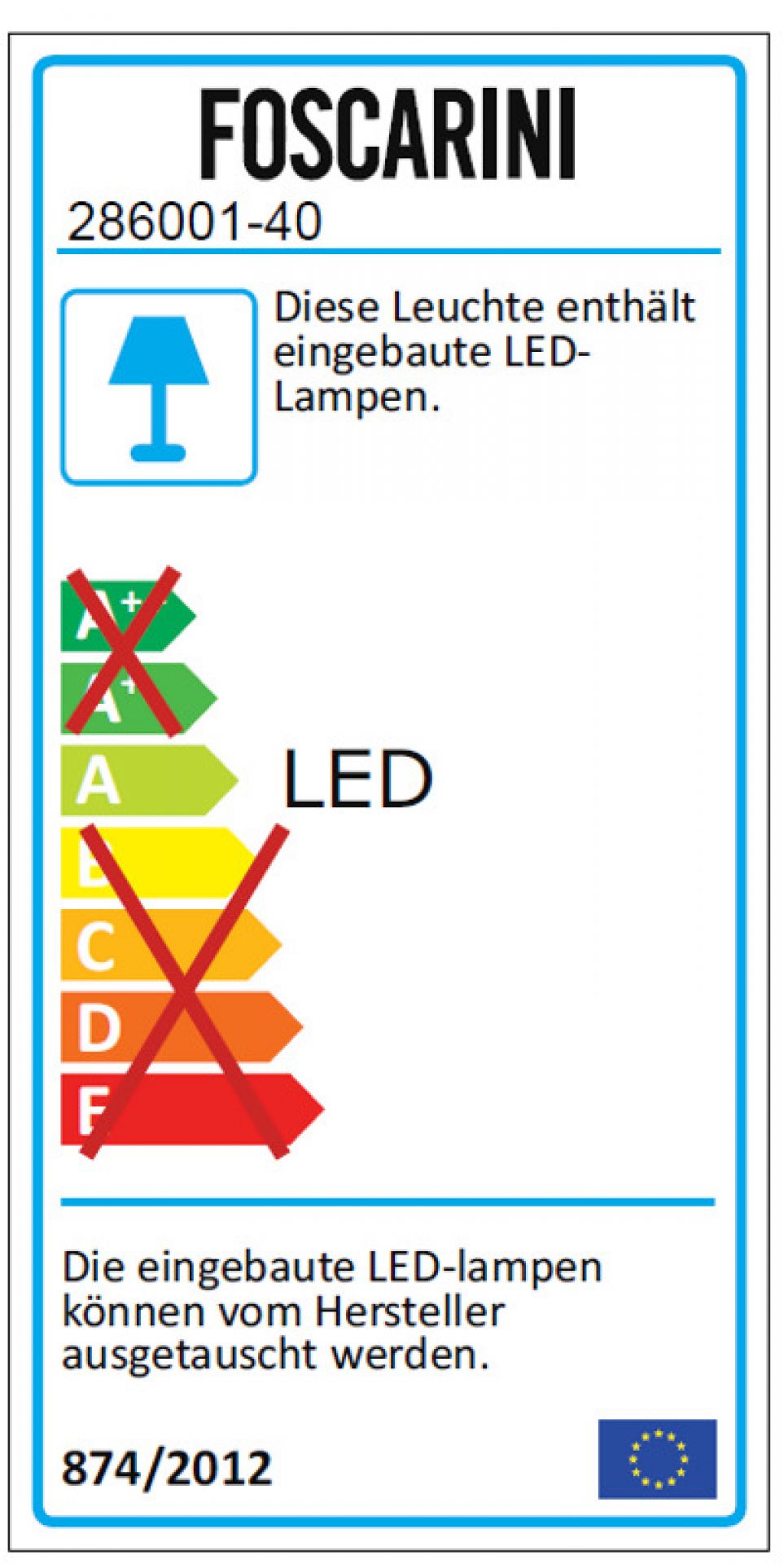Energieeffizienzlabel der Foscarini Cri Cri LED-Tischleuchte für den Außenbereich, energiesparende Beleuchtung mit austauschbaren LED-Lampen.