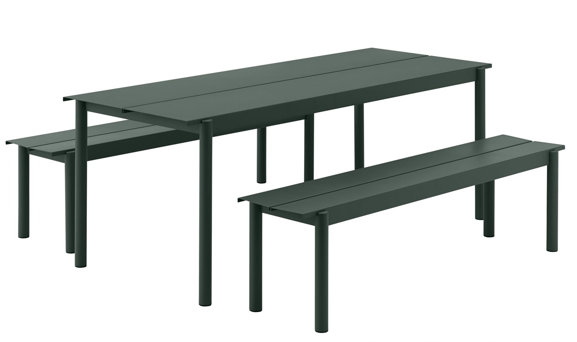 Muuto Linear Steel Outdoor Bank 170 cm in Grün, moderne Gartenbank aus Stahl für Terrasse und Garten.