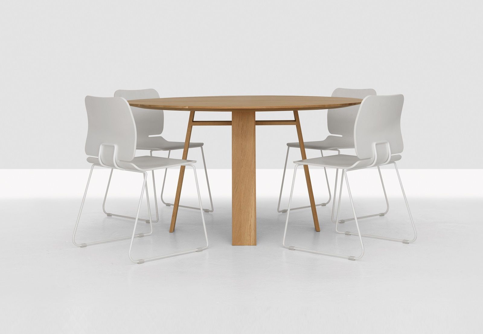 BONDT Tisch rund Zeitraum aus Holz mit vier weißen Stühlen auf weißem Hintergrund.