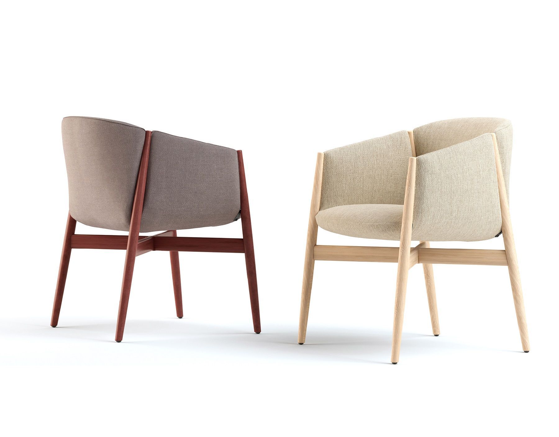Zwei Kagu Stühle mit Armlehnen, unterschiedliche Stofffarben und Holzgestelle, modernes Möbeldesign.
