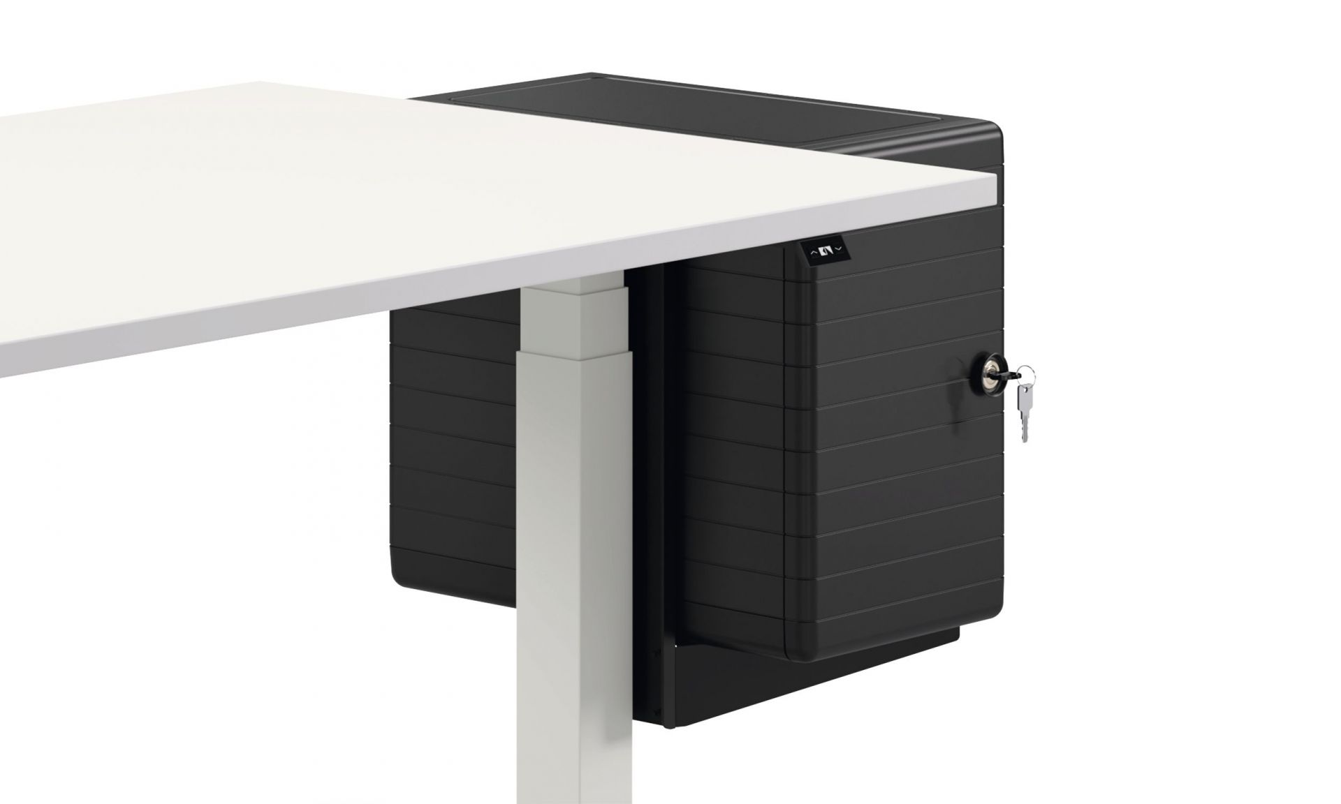 Personalbox Container von König und Neurath in Schwarz am Schreibtisch, abschließbarer Stauraum für Bürobedarf.