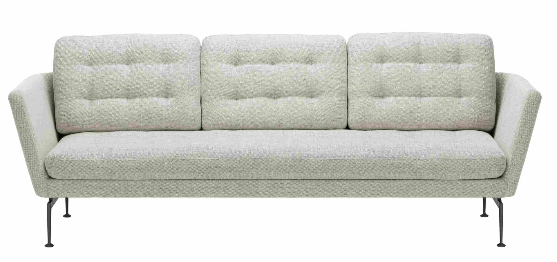 Vitra Suita Sofa, 3-Sitzer in hellgrauem Stoffbezug mit Knopfheftung und schwarzen Füßen.