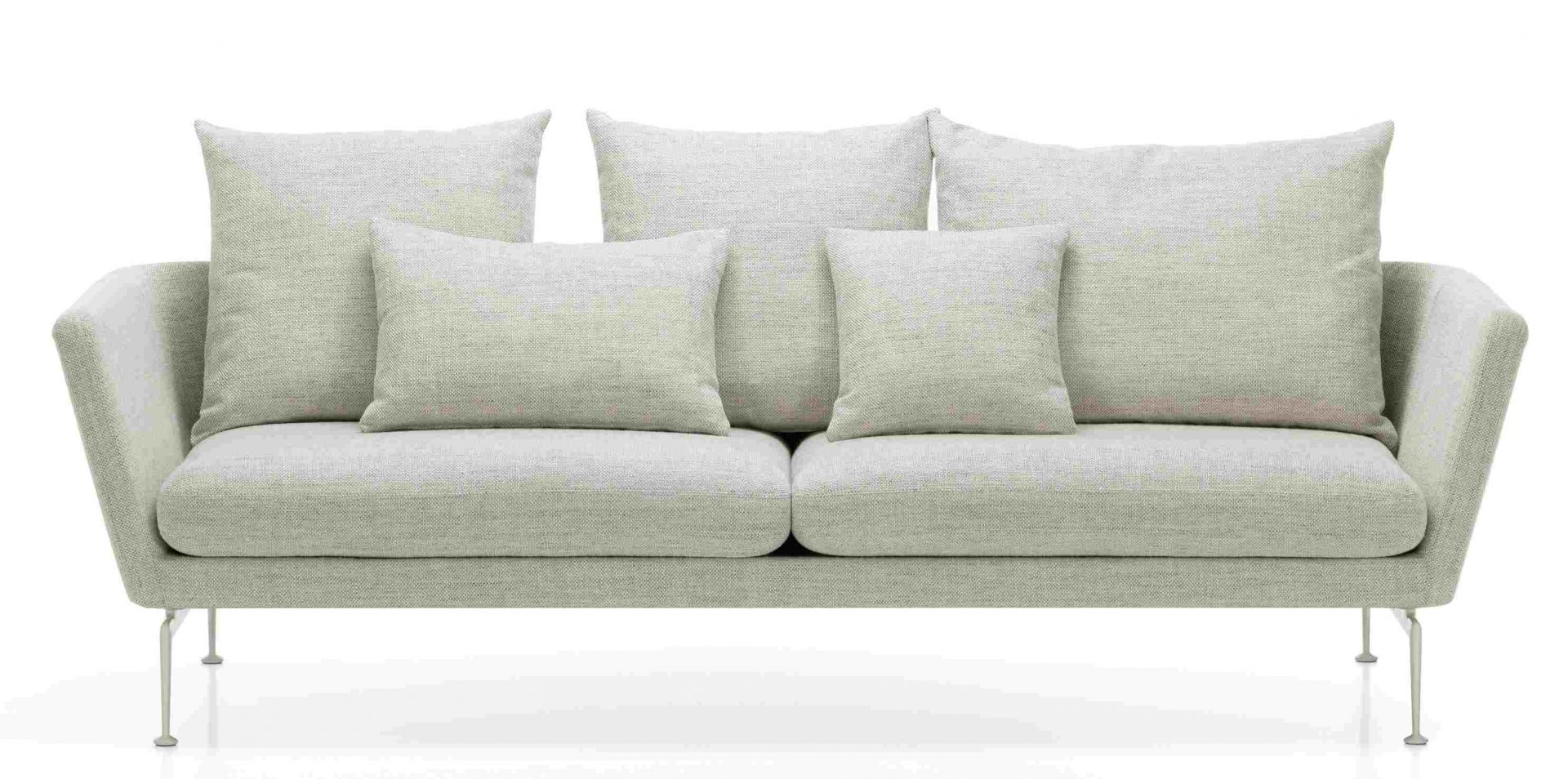 Vitra Suita Sofa 3-Sitzer, modernes Design Sofa mit hellgrauem Stoffbezug und losen Kissen.
