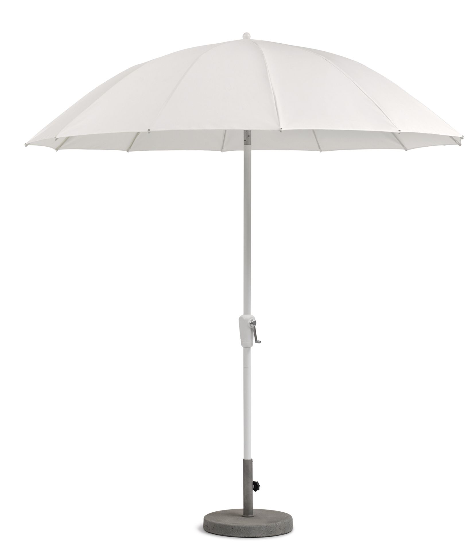 Weißer Weishäupl Pagodenschirm mit Betonsockel, ideal als Sonnenschutz für Garten, Terrasse oder Balkon.