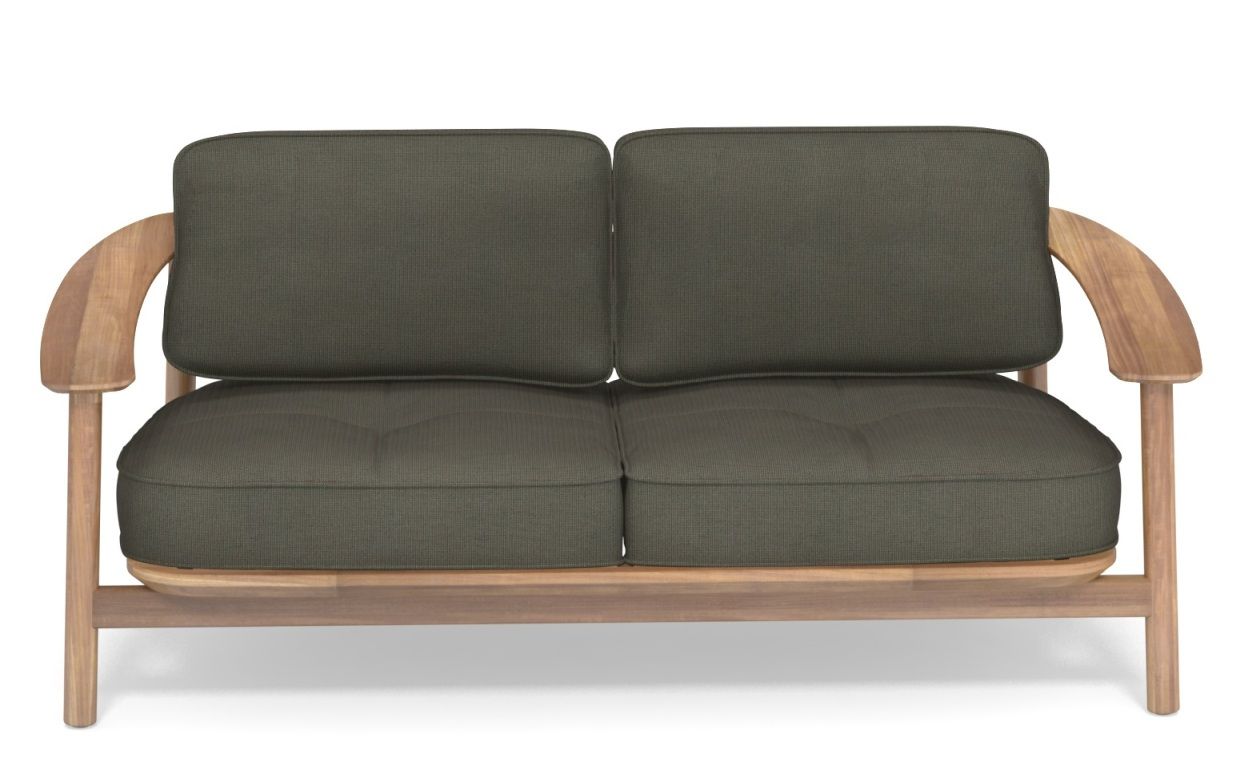 Twins Sofa Outdoor Emu: Modernes 2-Sitzer Gartensofa mit Holzrahmen und olivgrünen Polsterkissen für den Außenbereich.