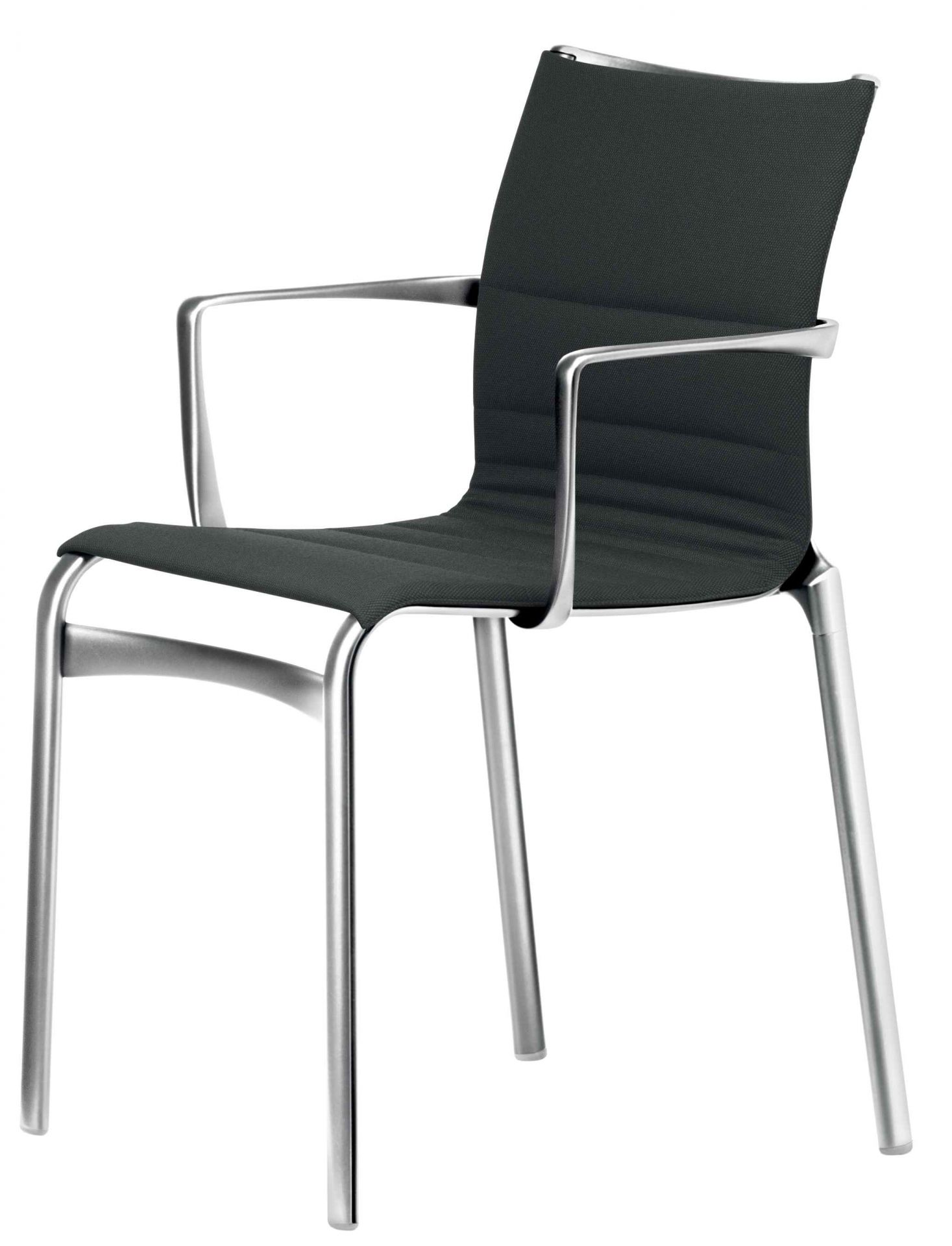 Bigframe Stuhl: Moderner Bürostuhl mit Armlehnen und grauem Stoffbezug auf silbernem Metallgestell.