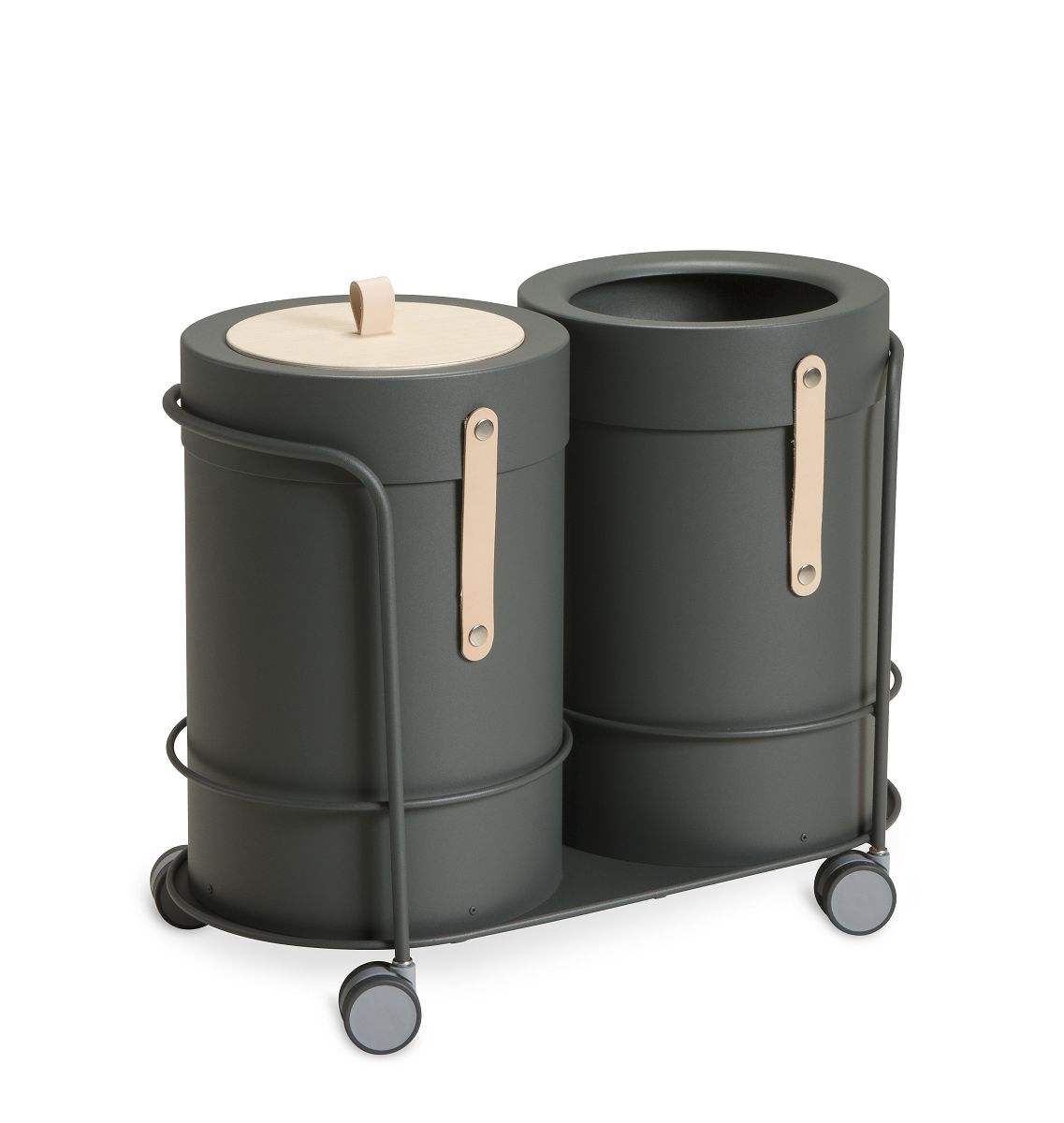 Bin There Mülleimer für Mülltrennung, graue Abfallbehälter mit Deckel und Rollen, modernes Design.