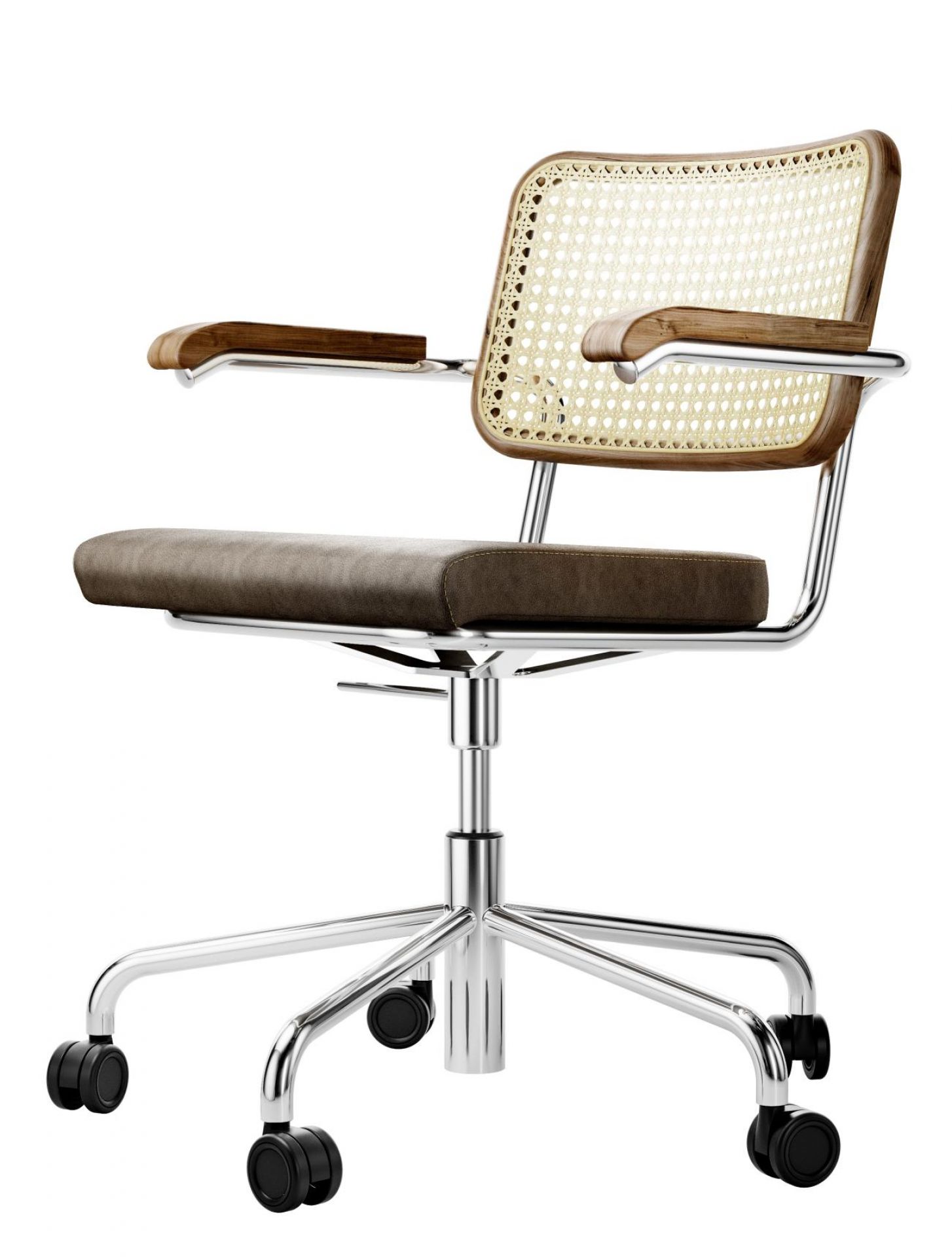 S 64 Thonet Drehstuhl mit Wiener Geflecht, braunem Sitzpolster und Chromgestell.
