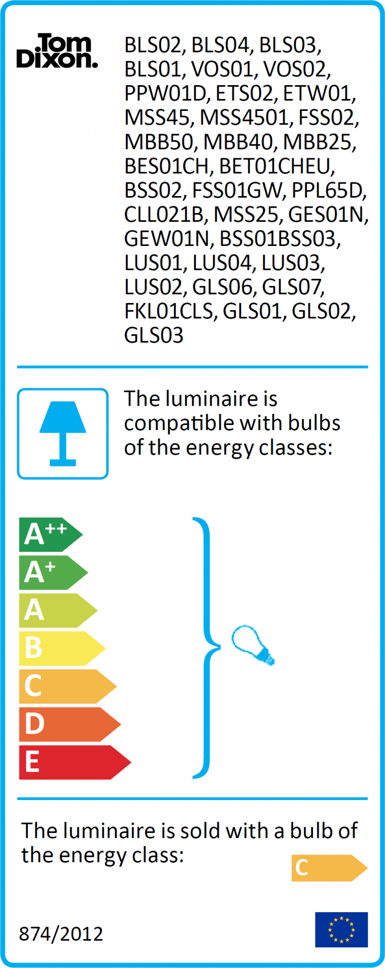 Energieeffizienzlabel für Tom Dixon Void LED Pendelleuchte mit Energieklassen von A++ bis E.