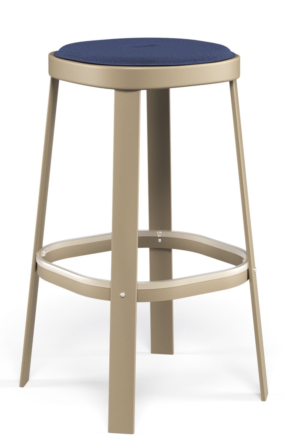 Thor Barstool von Emu, Outdoor Barhocker aus Metall in Beige mit blauem Sitzkissen.