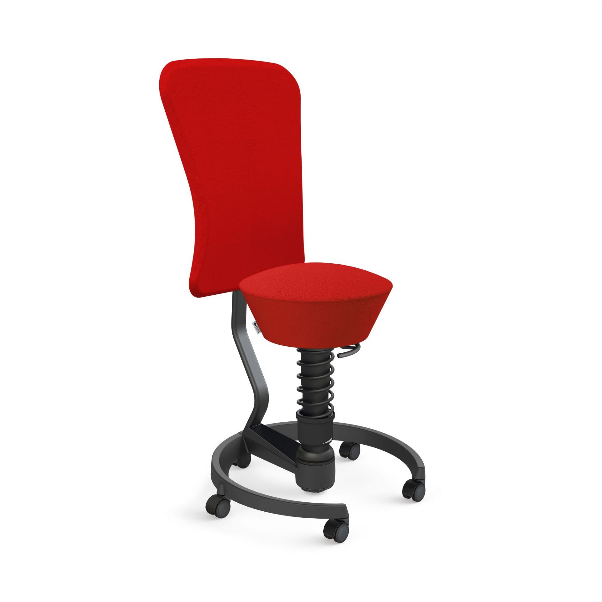 Roter Bürostuhl mit Federung und Rollen, ergonomischer Arbeitsstuhl für gesundes Sitzen.