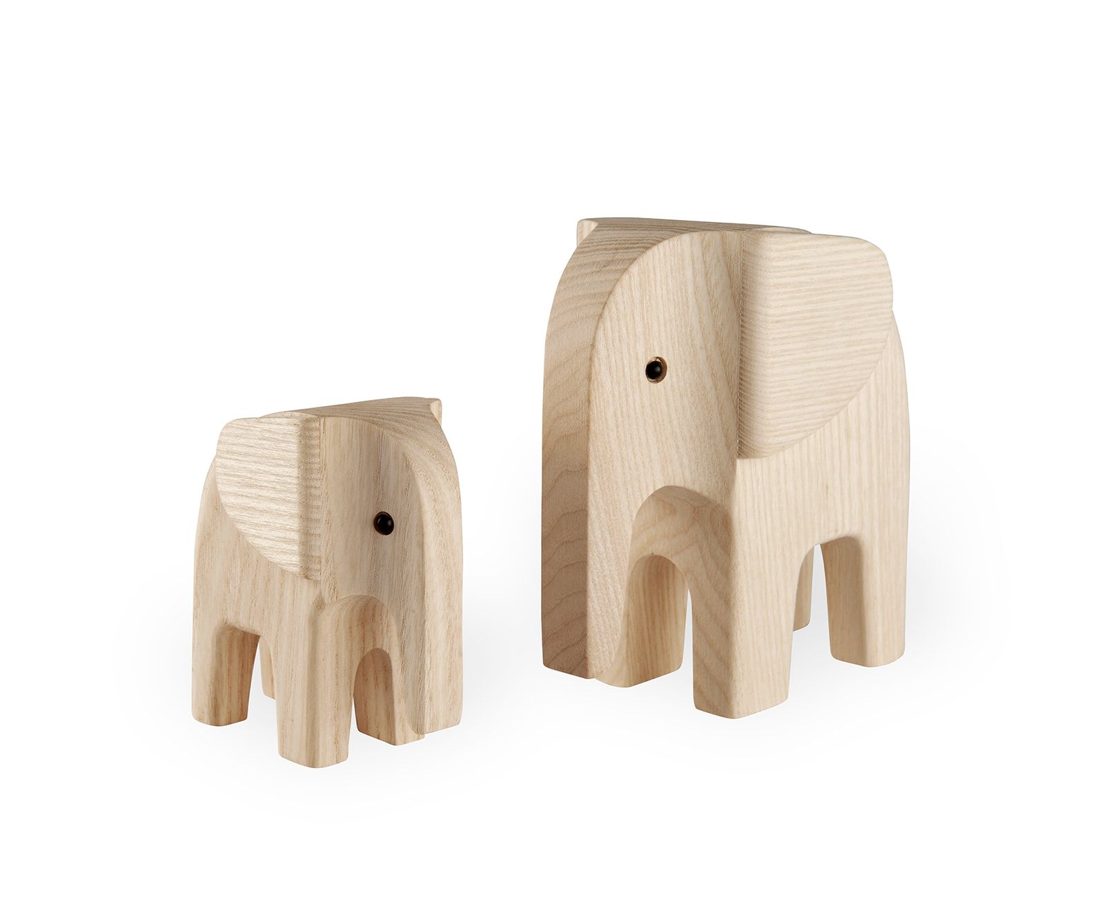 Zwei hölzerne Elefantenfiguren von Novoform, Baby Elefant und Mutter, natürliche Holzfarbe, minimalistisches Design.